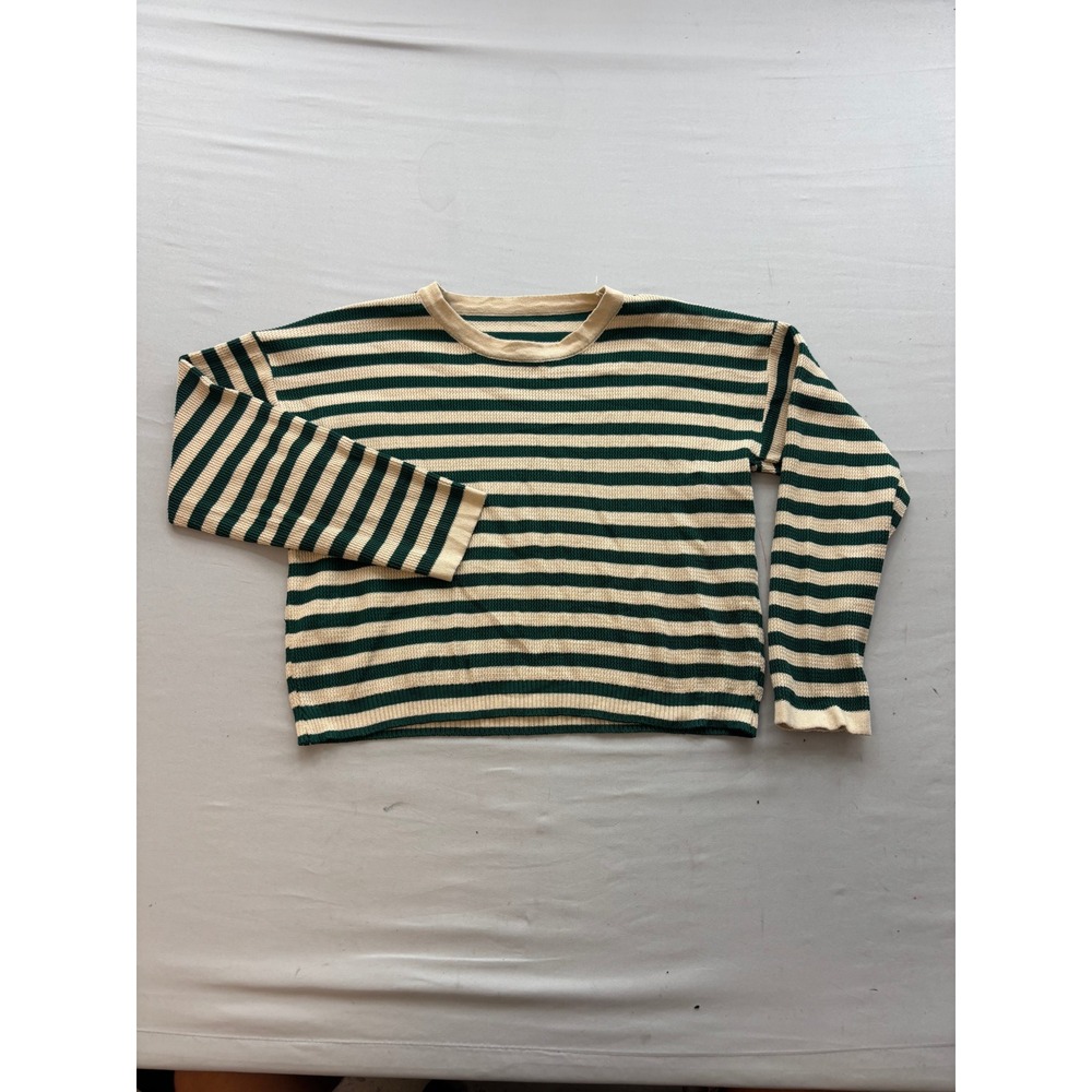 Green and Cream Striped Knit Crewneck Sweater Long Sleeve Relaxed Fit